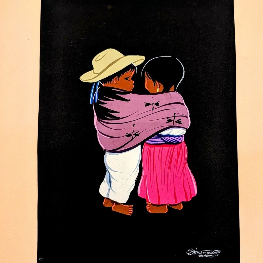 Betanzos Signed Mexican Velvet Painting Folk Art Children Traditional Dress 12x9